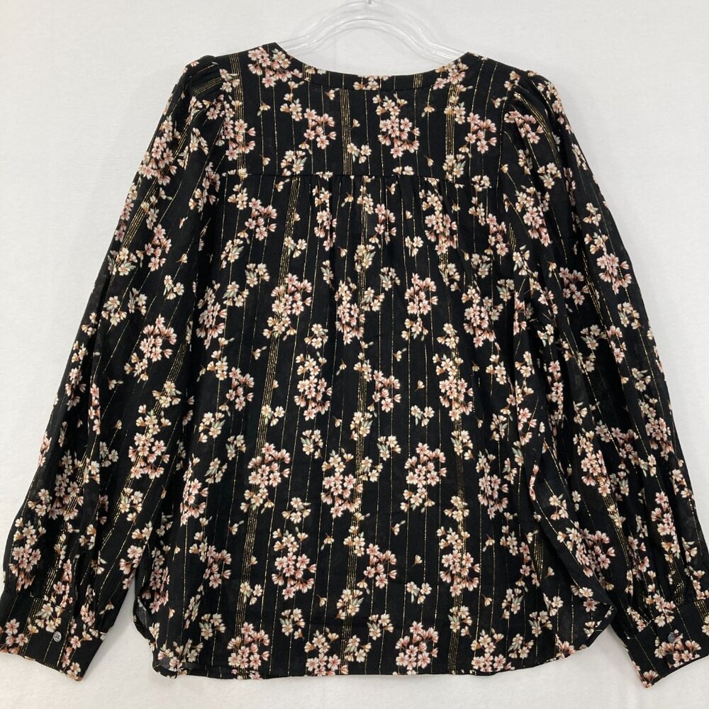 New LOFT Large Dark Floral Tie Front Metallic Striped Long Sleeve Elegant Blouse - Picture 8 of 10